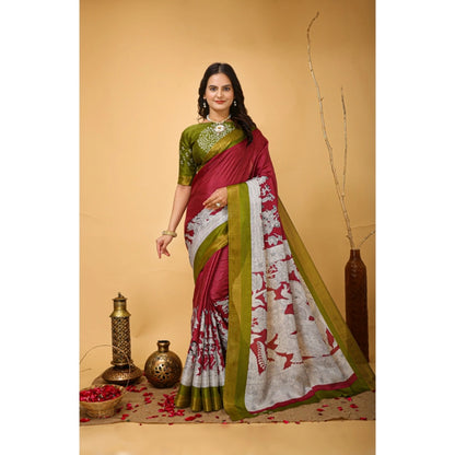 Women's Soft Handloom Cotton Kalamkari Printed Saree With Unstitched Blouse 5.5Mtr (Maroon)