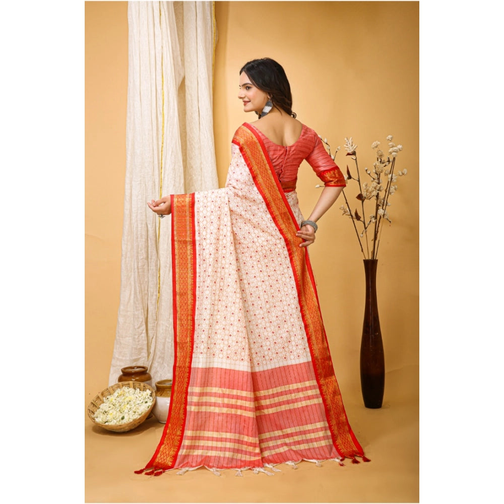 Women's Soft Cotton Silk Printed Saree With Unstitched Blouse 5.5Mtr (Red)