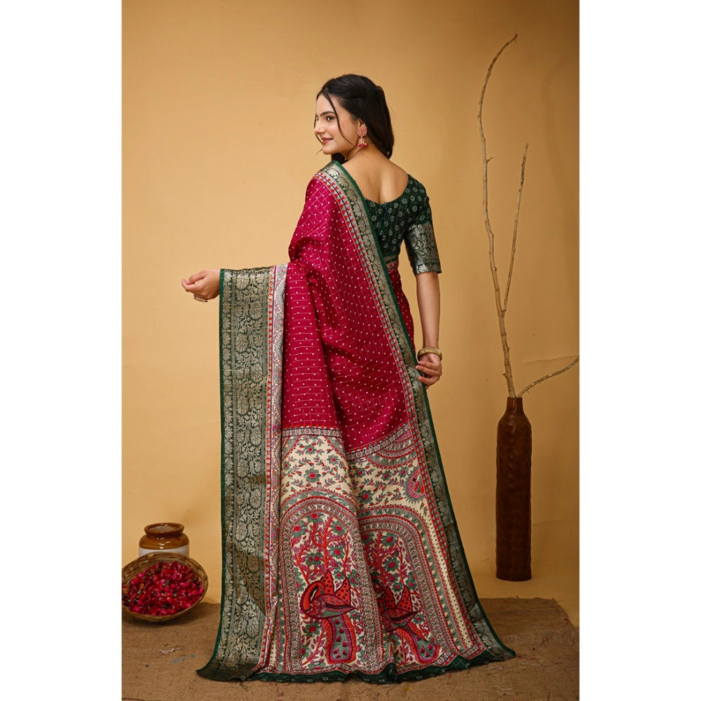 Women's Soft Dola Cotton Kalamkari Printed Saree With Unstitched Blouse 5.5Mtr (Maroon)