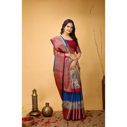 Women's Soft Dola Cotton Kalamkari Printed Saree With Unstitched Blouse 5.5Mtr (Blue)
