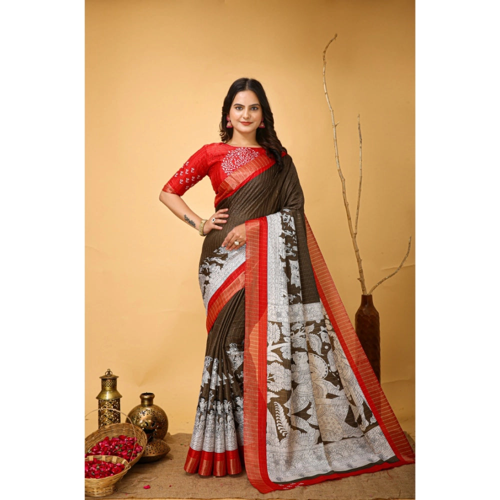 Women's Soft Handloom Cotton Kalamkari Printed Saree With Unstitched Blouse 5.5Mtr (Brown)