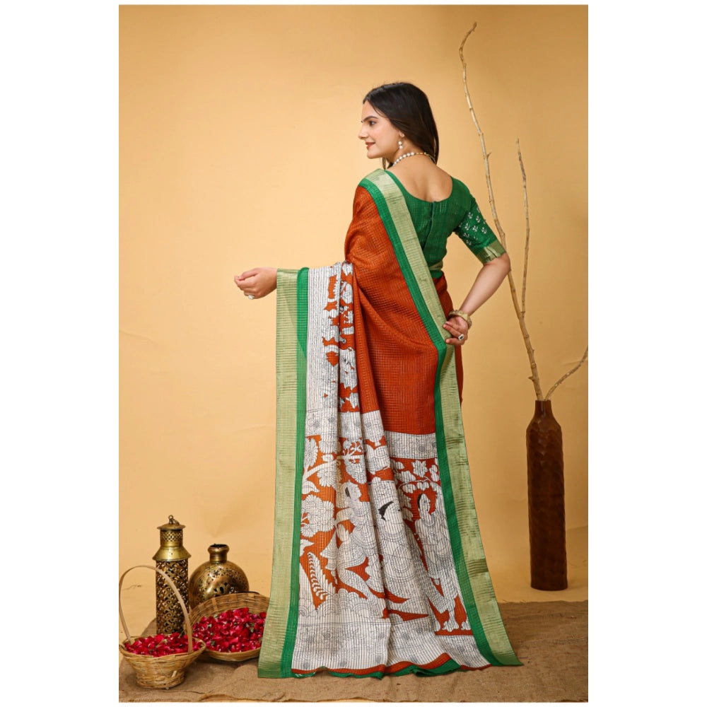 Women's Soft Handloom Cotton Kalamkari Printed Saree With Unstitched Blouse 5.5Mtr (Orange)