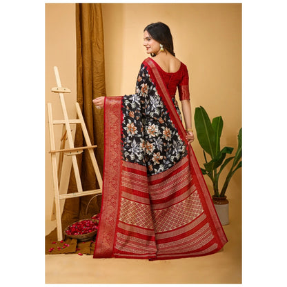 Women's Soft Dola Cotton Kalamkari Printed Saree With Unstitched Blouse 5.5Mtr (Black)