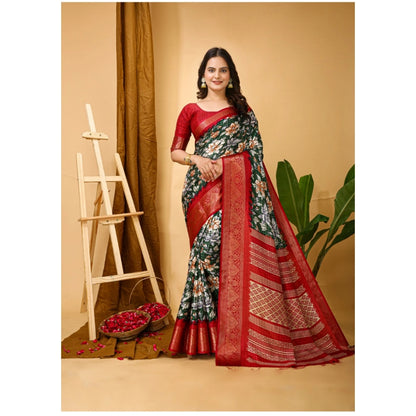 Women's Soft Dola Cotton Kalamkari Printed Saree With Unstitched Blouse 5.5Mtr (Green)