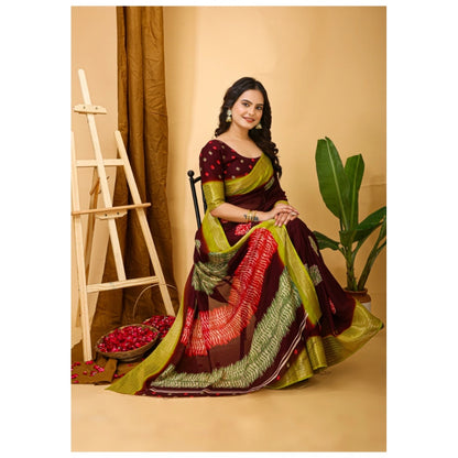 Women's Soft Blooming Marshmallow Fabric Kalamkari Printed Saree With Unstitched Blouse 5.5Mtr (Maroon)