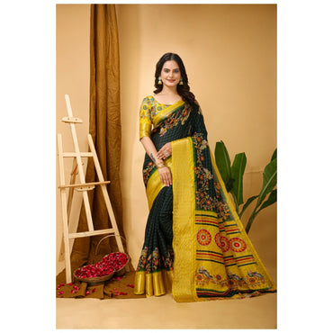 Women's Soft Dola Cotton Kalamkari Printed Saree With Unstitched Blouse 5.5Mtr (Green)