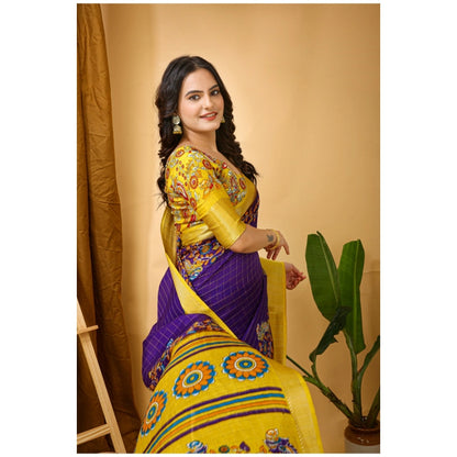 Women's Soft Dola Cotton Kalamkari Printed Saree With Unstitched Blouse 5.5Mtr (Purple)