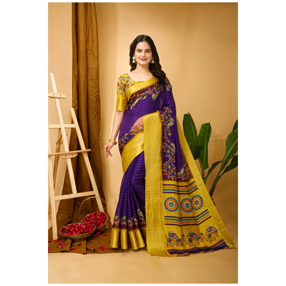 Women's Soft Dola Cotton Kalamkari Printed Saree With Unstitched Blouse 5.5Mtr (Purple)