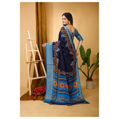 Women's Soft Dola Cotton Kalamkari Printed Saree With Unstitched Blouse 5.5Mtr (Navy Blue)