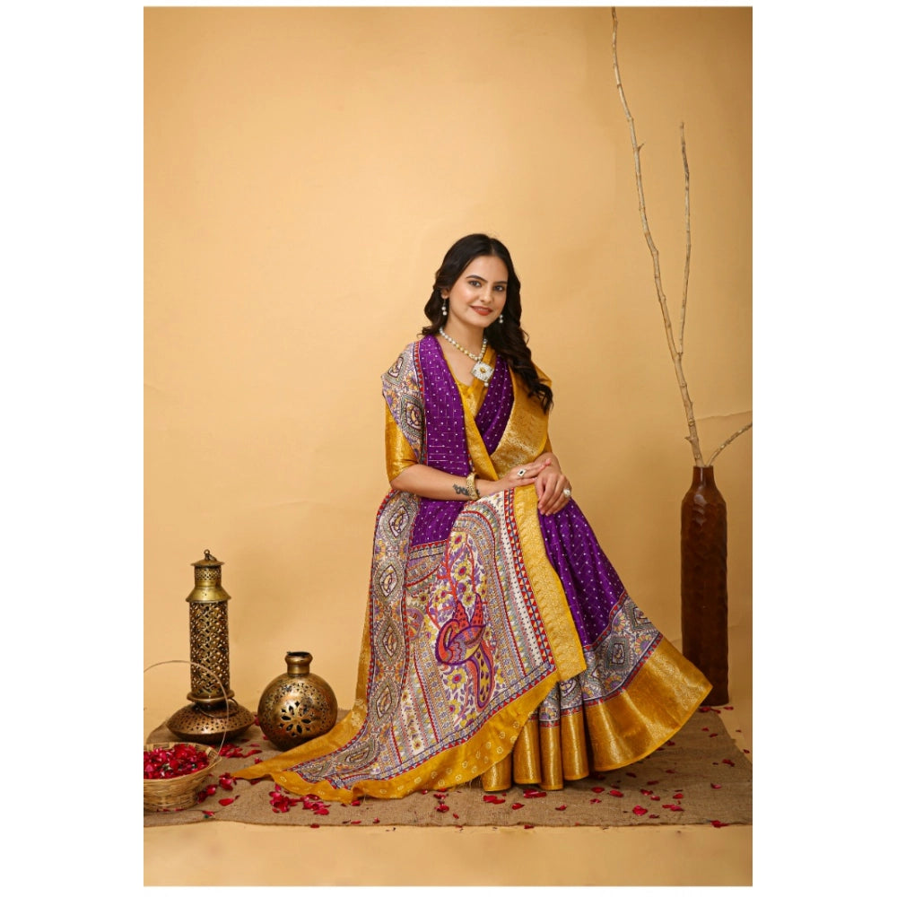 Women's Soft Dola Cotton Kalamkari Printed Saree With Unstitched Blouse 5.5Mtr (Purple)