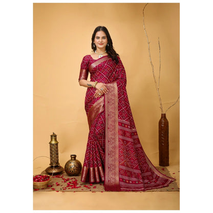 Women's Soft Dola Cotton Kalamkari Printed Saree With Unstitched Blouse 5.5Mtr (Red)