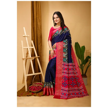 Women's Soft Dola Cotton Kalamkari Printed Saree With Unstitched Blouse 5.5Mtr (Navy Blue)