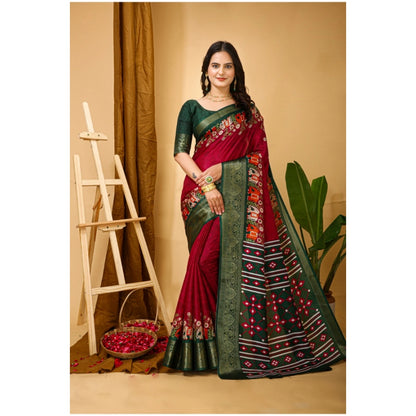 Women's Soft Dola Cotton Kalamkari Printed Saree With Unstitched Blouse 5.5Mtr (Red)