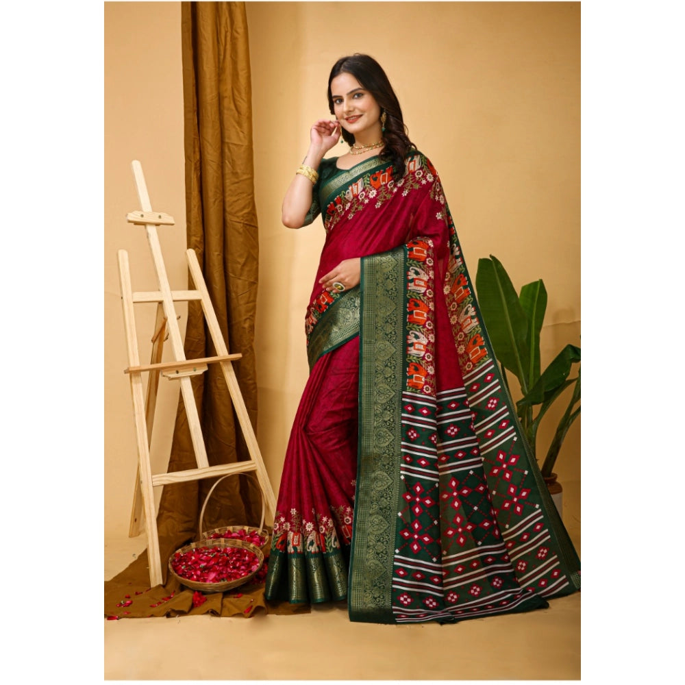 Women's Soft Dola Cotton Kalamkari Printed Saree With Unstitched Blouse 5.5Mtr (Red)