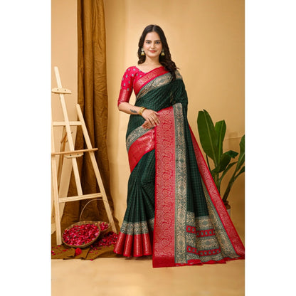 Women's Soft Dola Cotton Kalamkari Printed Saree With Unstitched Blouse 5.5Mtr (B.Green)