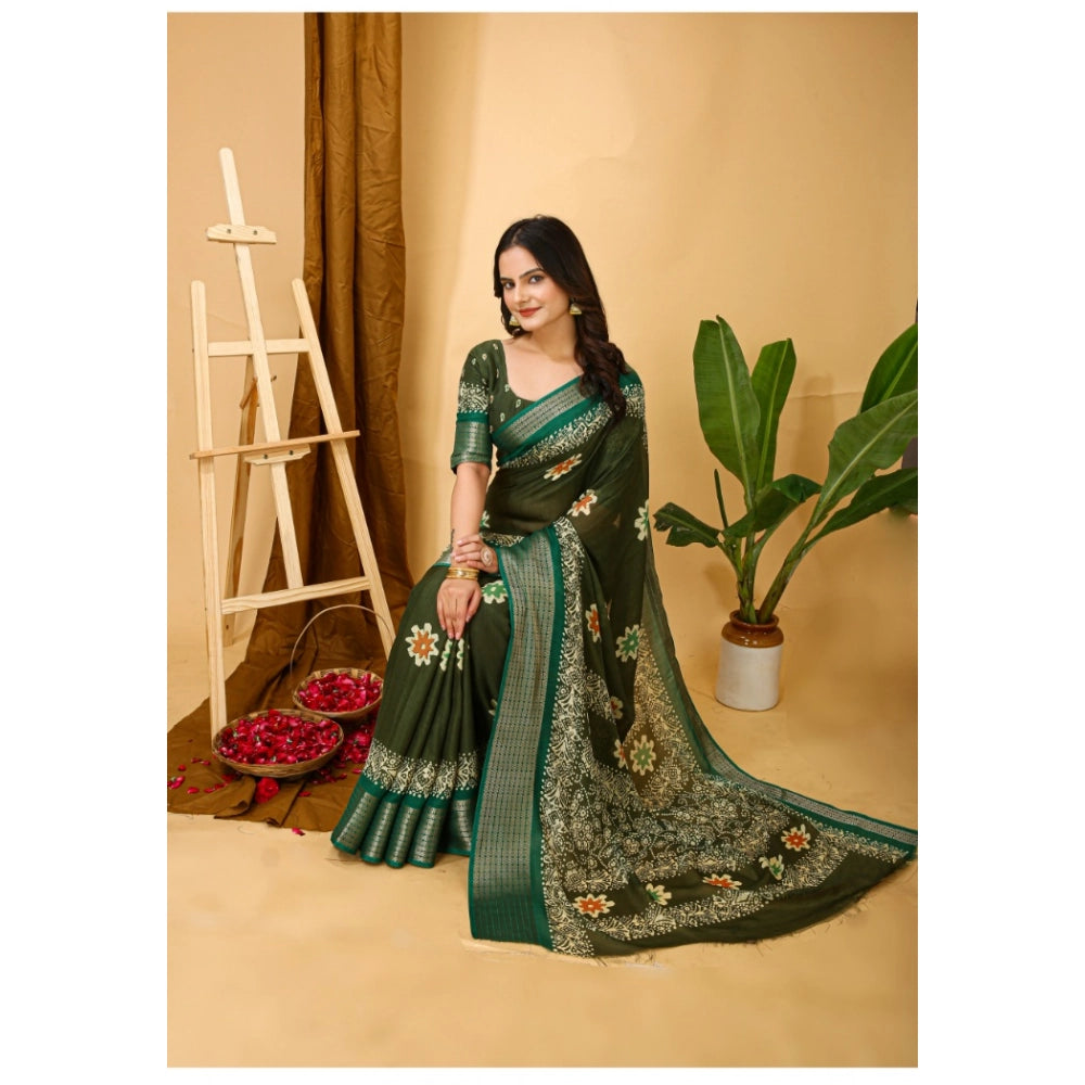 Women's Soft Blooming Marshmallow Fabric Kalamkari Printed Saree With Unstitched Blouse 5.5Mtr (Green)