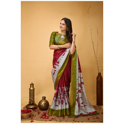 Women's Soft Handloom Cotton Kalamkari Printed Saree With Unstitched Blouse 5.5Mtr (Maroon)