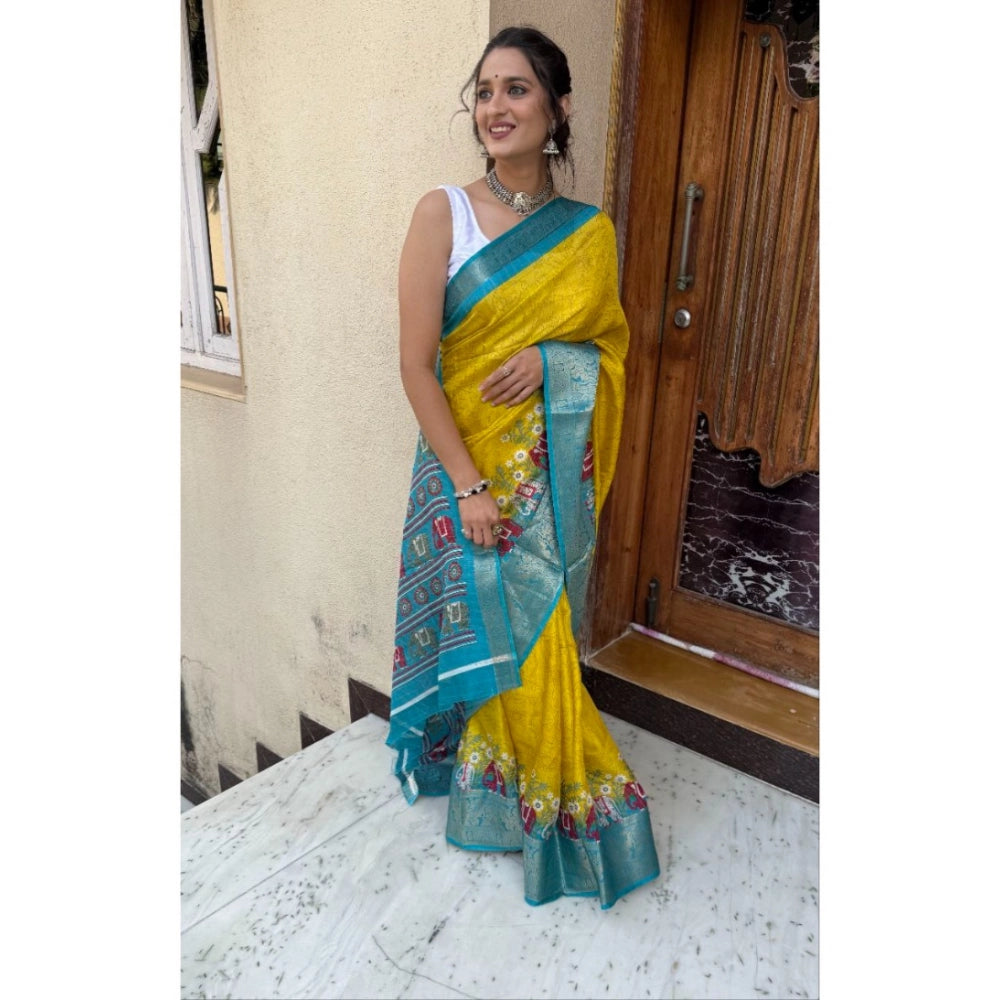 Women's Soft Dola Cotton Kalamkari Printed Saree With Unstitched Blouse 5.5Mtr (Mustard)