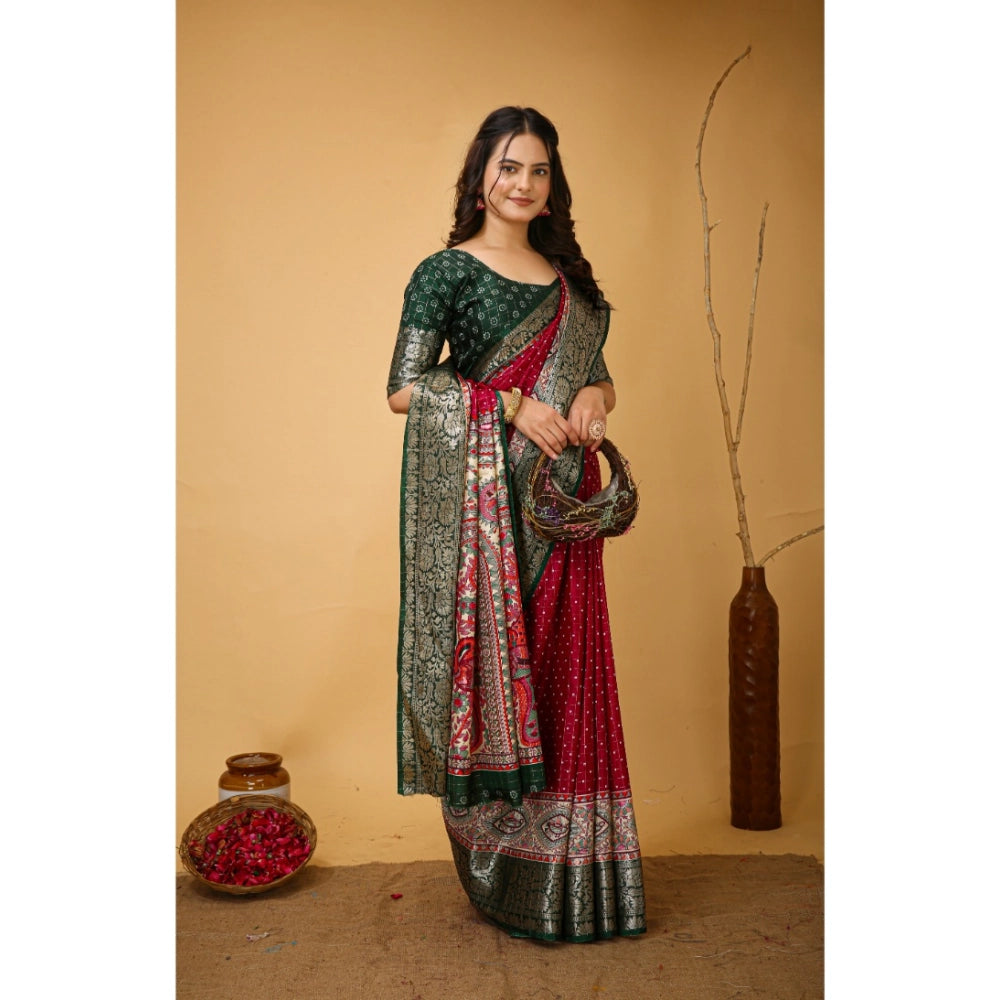 Women's Soft Dola Cotton Kalamkari Printed Saree With Unstitched Blouse 5.5Mtr (Maroon)