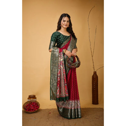 Women's Soft Dola Cotton Kalamkari Printed Saree With Unstitched Blouse 5.5Mtr (Maroon)