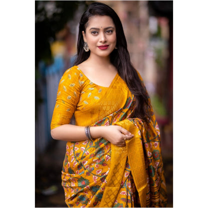 Women's Soft Dola Cotton Kalamkari Printed Saree With Unstitched Blouse 5.5Mtr (Yellow)