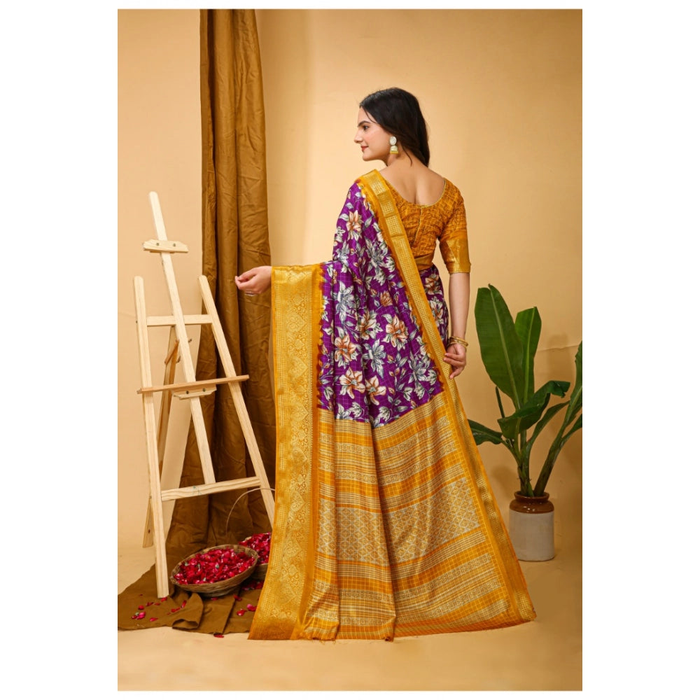 Women's Soft Dola Cotton Kalamkari Printed Saree With Unstitched Blouse 5.5Mtr (Purple)