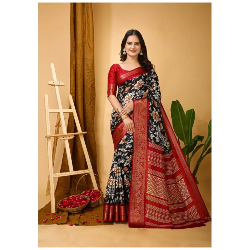 Women's Soft Dola Cotton Kalamkari Printed Saree With Unstitched Blouse 5.5Mtr (Black)