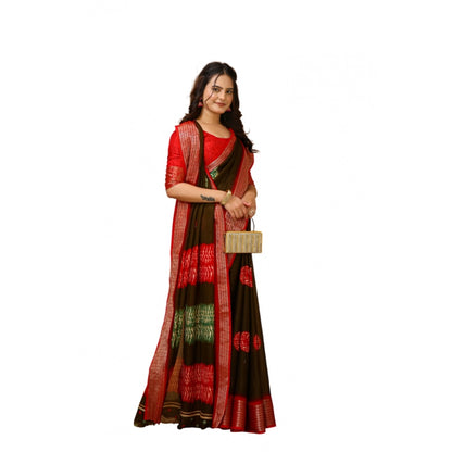 Women's Soft Blooming Marshmallow Fabric Kalamkari Printed Saree With Unstitched Blouse 5.5Mtr (Mehendi)