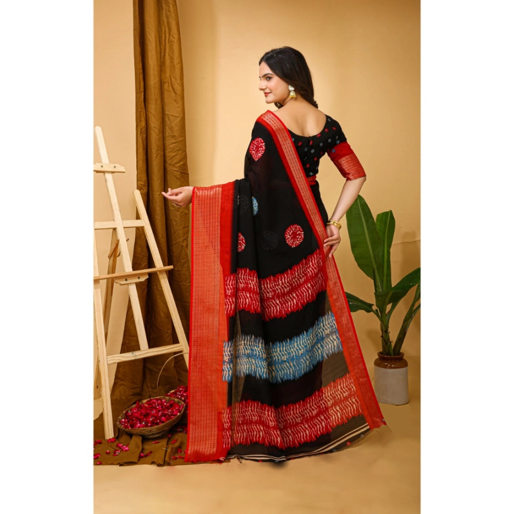 Women's Soft Blooming Marshmallow Fabric Kalamkari Printed Saree With Unstitched Blouse 5.5Mtr (Black)