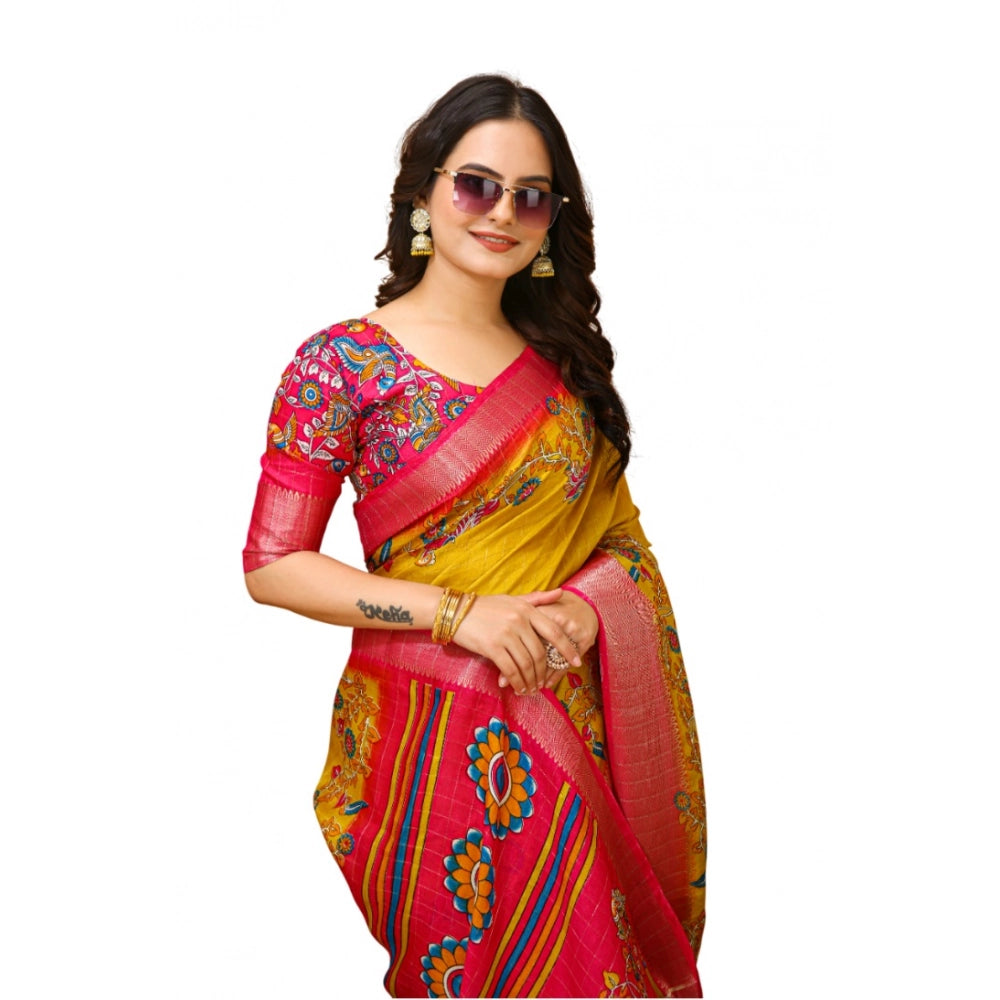 Women's Soft Dola Cotton Kalamkari Printed Saree With Unstitched Blouse 5.5Mtr (Yellow)