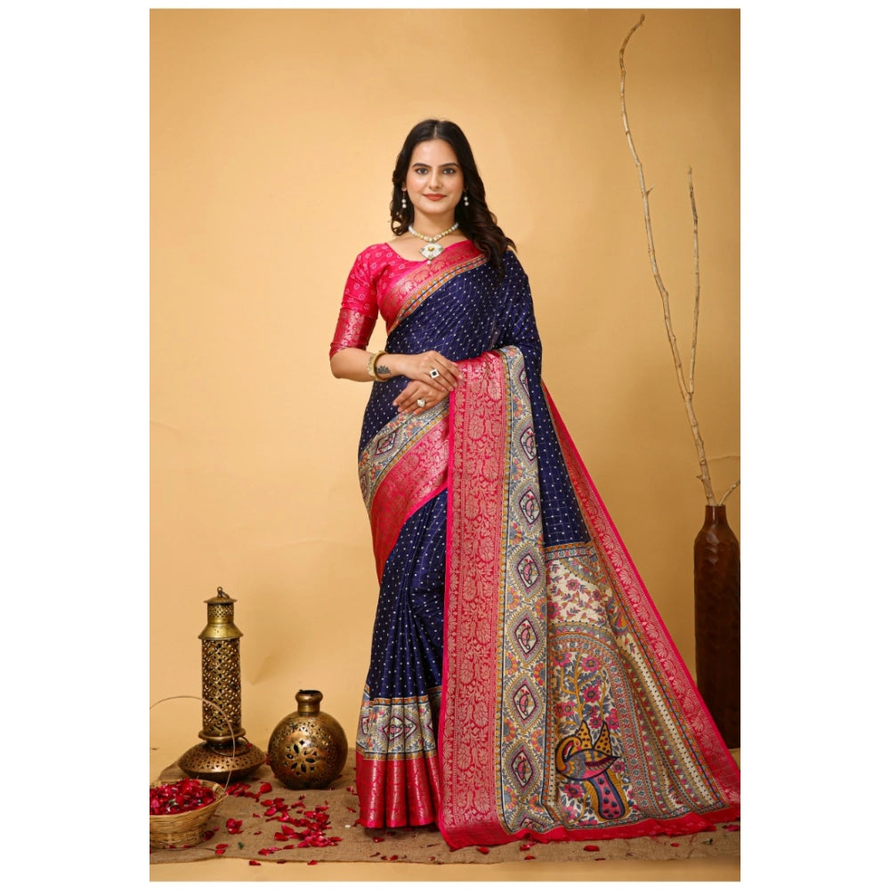 Women's Soft Dola Cotton Kalamkari Printed Saree With Unstitched Blouse 5.5Mtr (Navy Blue)