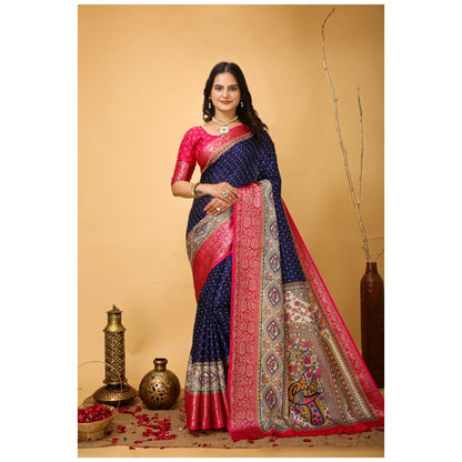 Women's Soft Dola Cotton Kalamkari Printed Saree With Unstitched Blouse 5.5Mtr (Navy Blue)
