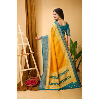 Women's Soft Dola Cotton Kalamkari Printed Saree With Unstitched Blouse 5.5Mtr (Yellow)
