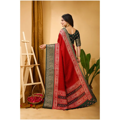 Women's Soft Dola Cotton Kalamkari Printed Saree With Unstitched Blouse 5.5Mtr (Red)