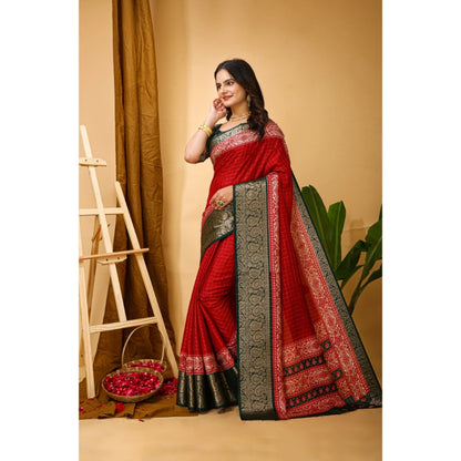 Women's Soft Dola Cotton Kalamkari Printed Saree With Unstitched Blouse 5.5Mtr (Red)