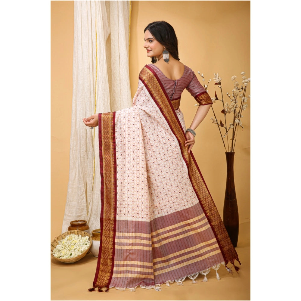 Women's Soft Cotton Silk Printed Saree With Unstitched Blouse 5.5Mtr (Maroon)