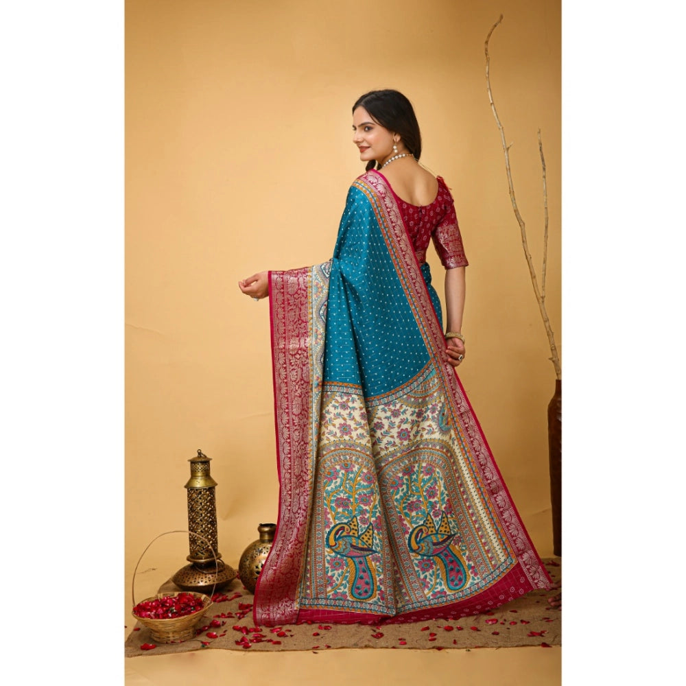 Women's Soft Dola Cotton Kalamkari Printed Saree With Unstitched Blouse 5.5Mtr (Sky Blue)