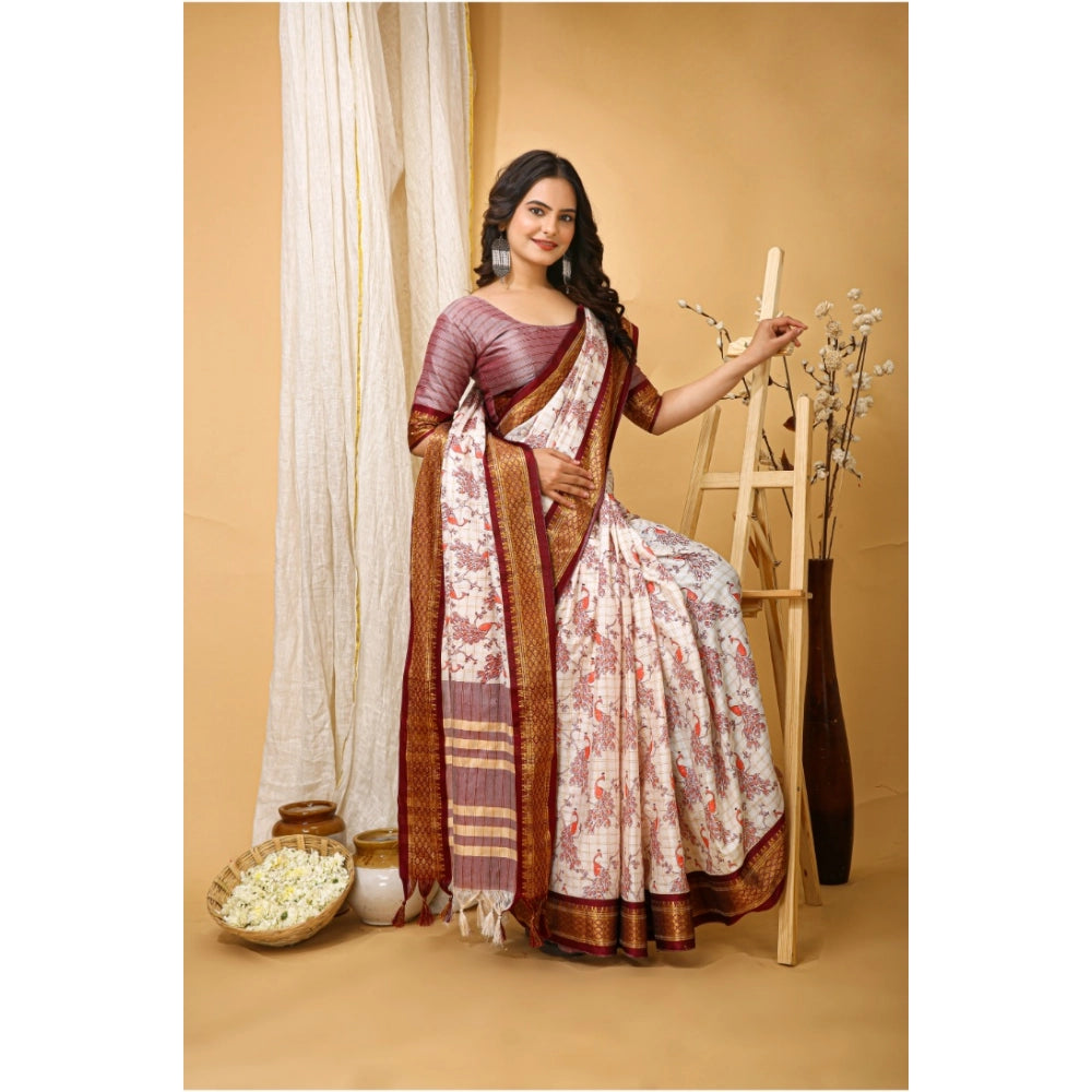 Women's Soft Cotton Silk Printed Saree With Unstitched Blouse 5.5Mtr (Maroon)