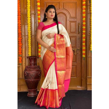 Women's Soft Lichi Silk Printed Saree With Unstitched Blouse 5.5Mtr (Cream)
