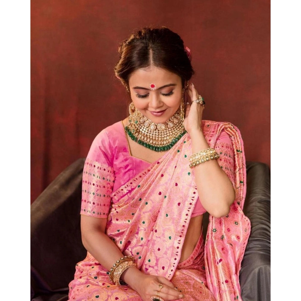 Women's Soft Lichi Silk Printed Saree With Unstitched Blouse 5.5Mtr (Pink)