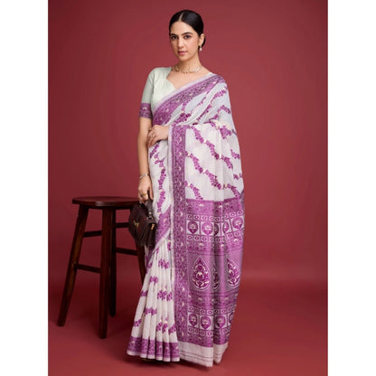 Women's Jamdani Cotton Silk Printed Saree With Unstitched Blouse 5.5Mtr (Wine)