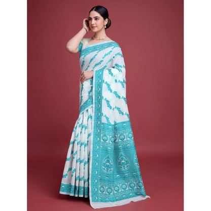 Women's Jamdani Cotton Silk Printed Saree With Unstitched Blouse 5.5Mtr (Rama)