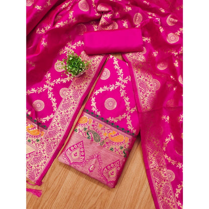 Women's Banarasi Silk Printed Unstitched Salwar Suit Material With Dupatta (Pink, 3Mtrs)