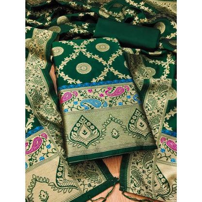 Women's Banarasi Silk Printed Unstitched Salwar Suit Material With Dupatta (Bottle Green, 3Mtrs)