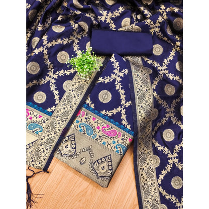 Women's Banarasi Silk Printed Unstitched Salwar Suit Material With Dupatta (Navy Blue, 3Mtrs)