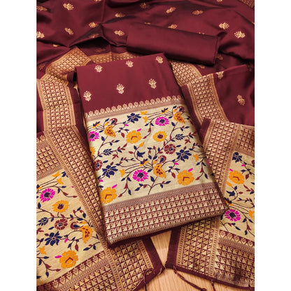 Women's Banarasi Silk Printed Unstitched Salwar Suit Material With Dupatta (Maroon, 3Mtrs)