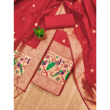 Women's Banarasi Silk Printed Unstitched Salwar Suit Material With Dupatta (Red, 3Mtrs)