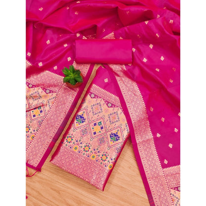 Women's Banarasi Silk Printed Unstitched Salwar Suit Material With Dupatta (Pink, 3Mtrs)