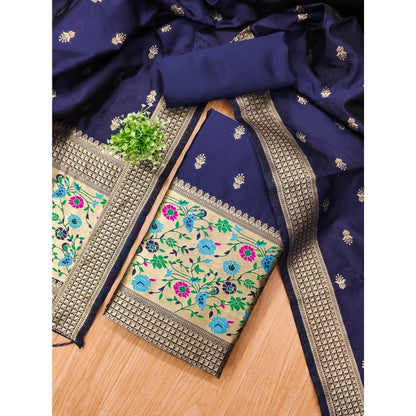 Women's Banarasi Silk Printed Unstitched Salwar Suit Material With Dupatta (Navy Blue, 3Mtrs)