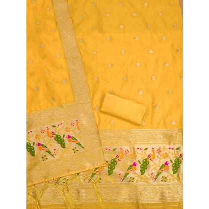 Women's Banarasi Silk Printed Unstitched Salwar Suit Material With Dupatta (Yellow, 3Mtrs)